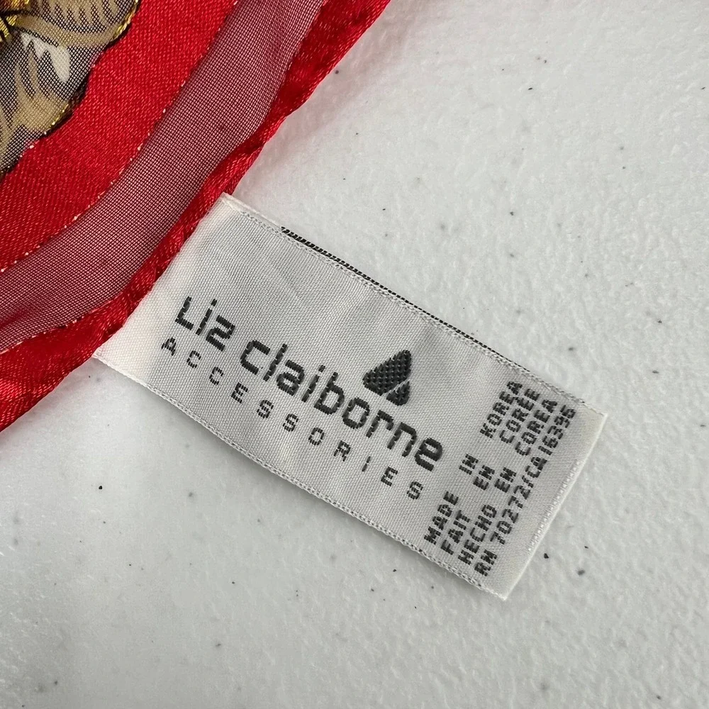 Vintage Liz Claiborne Scarf Sheer Stripe Red Gold Skeleton Keys Script Baroque